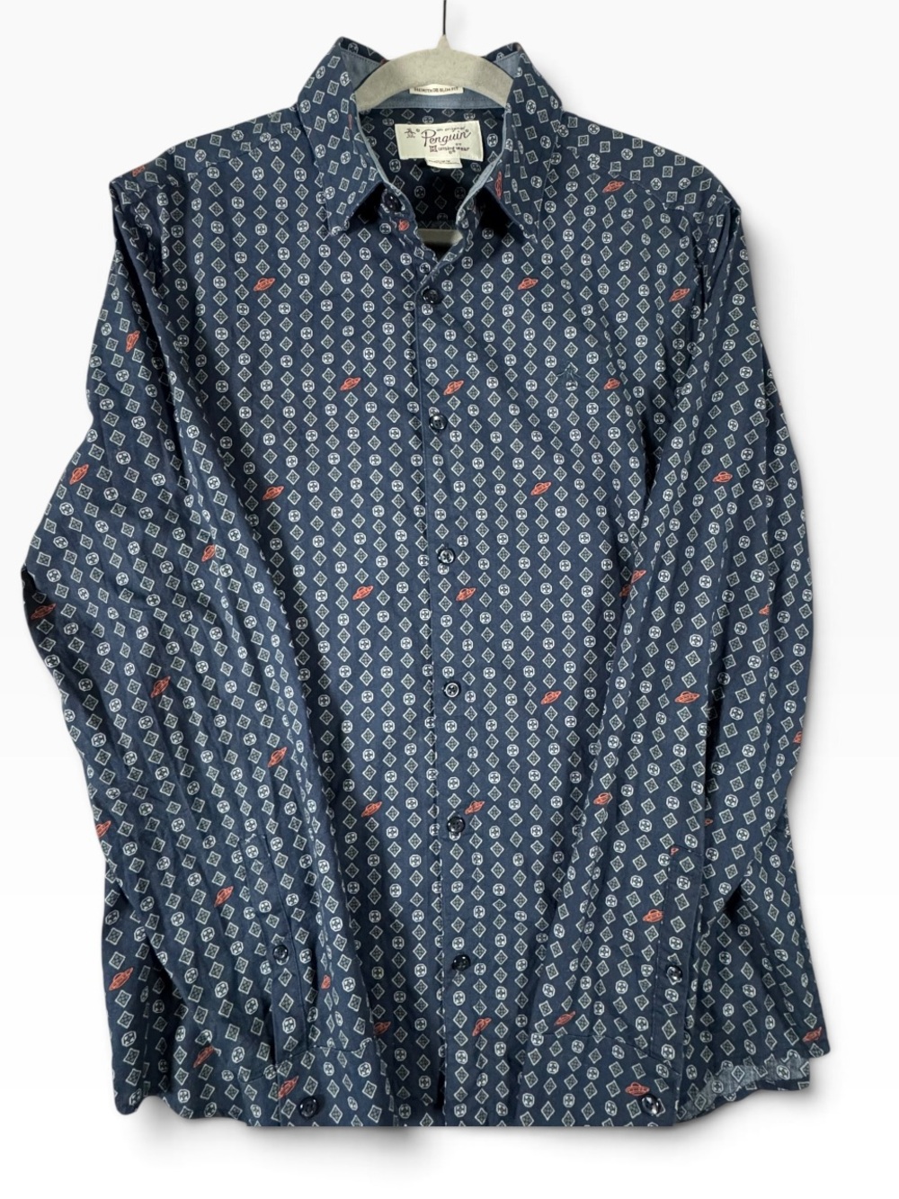 Original Penguin Navy Button-Up Shirt with White Geometric Print and Red Accents